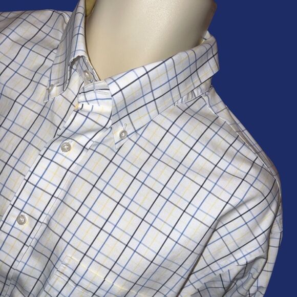 Paul Fredrick Non Iron Classic Fit Blue Yellow Check Button Up Neck 17 X 33 #74 - Picture 2 of 4